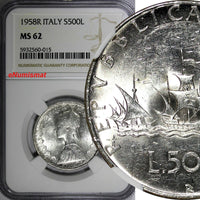 Italy Silver 1958 R 500 Lire NGC MS62 Columbus' ships 29.3 mm KM# 98 (015)