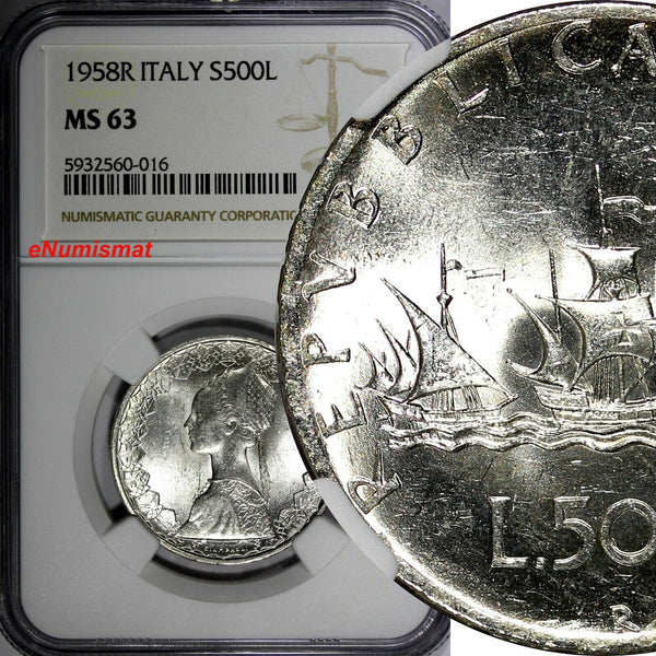 Italy Silver 1958 R 500 Lire NGC MS63 Columbus' ships 29.3 mm KM# 98 (016)