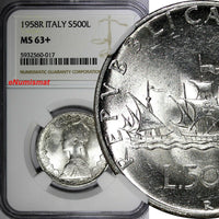 Italy Silver 1958 R 500 Lire NGC MS63+ Columbus' ships 29.3 mm KM# 98 (017)