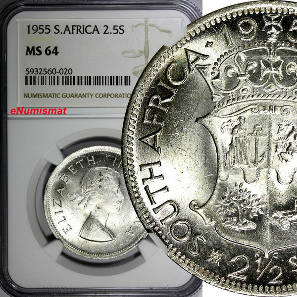 South Africa Elizabeth II Silver 1955 2-1/2 Shillings NGC MS64 KM# 51 (020)