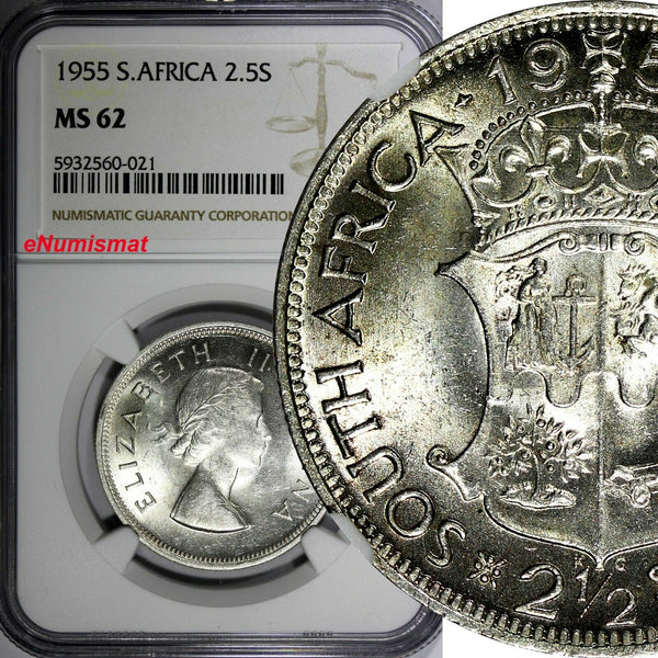 South Africa Elizabeth II Silver 1955 2-1/2 Shillings NGC MS62 KM# 51 (021)