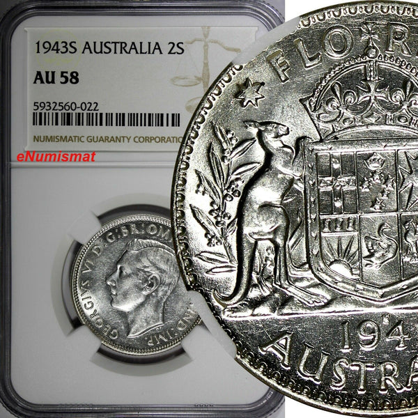 Australia George VI Silver 1943 S Florin / 2 Shillings NGC AU58 KM# 40 (022)