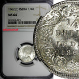 India-British Victoria Silver 1862 (C) 1/4 Rupee Calcutta NGC MS64 KM# 470 (029)