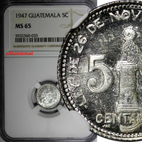 Guatemala Silver 1947 5 Centavos NGC MS65 GEM BU KM# 238.1 (033)