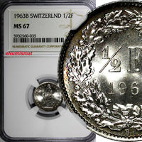 Switzerland Silver 1963 B 1/2 Franc NGC MS67 GEM BU TOP GRADED BY NGC KM# 23 (5)