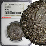 German States SAXONY-ALBERTINE 1632 HI 1/4 Thaler NGC MS63 TOP GRADED KM# 407(3)