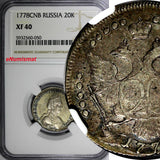 Russia Catherine II Silver 1778 SPB 20 Kopecks NGC XF40 "ВСЕРОСС" C# 63b (050)