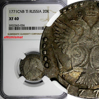 Russia Catherine II Silver 1771 SPB TI 20 Kopeks NGC XF40  Toned C# 63a.2 (036)