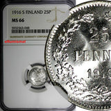 Finland Nicholas II Silver 1916 S 25 Pennia NGC MS66 GEM BU KM #6.2 (048)