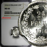 Finland Nicholas II Silver 1916 S 25 Pennia NGC MS66 GEM BU KM #6.2 (049)