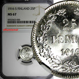 Finland Nicholas II Silver 1916 S 25 Pennia NGC MS67 GEM BU KM #6.2 (050)