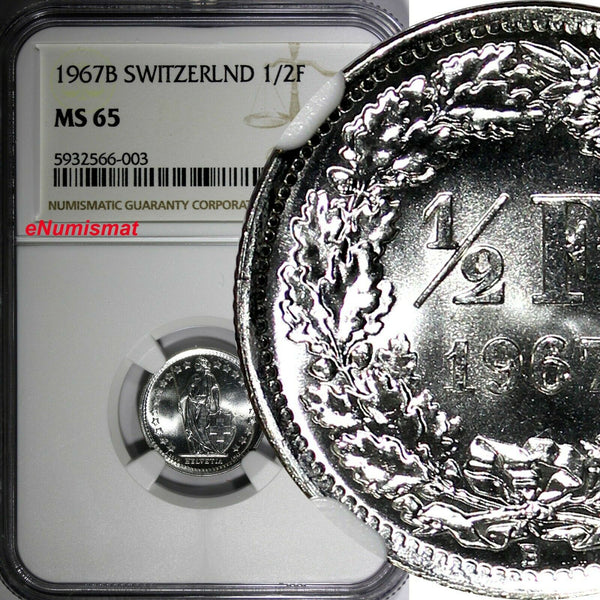 Switzerland Silver 1967 B 1/2 Franc NGC MS65 GEM BU Last Year Type KM# 23 (003)