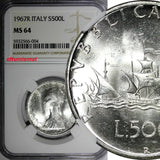 Italy Silver 1967 R 500 Lire NGC MS64 Christopher Columbus's ships KM# 98 (004)