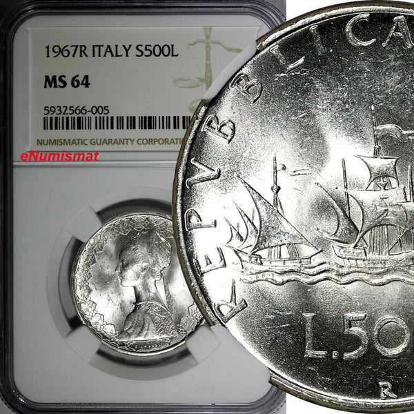 Italy Silver 1967 R 500 Lire NGC MS64 Christopher Columbus's ships KM# 98 (005)