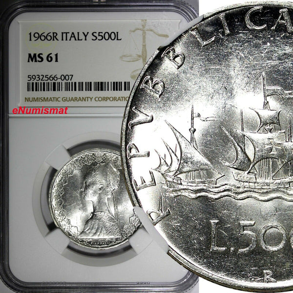 Italy Silver 1966 R 500 Lire NGC MS61 Christopher Columbus's ships KM# 98 (007)
