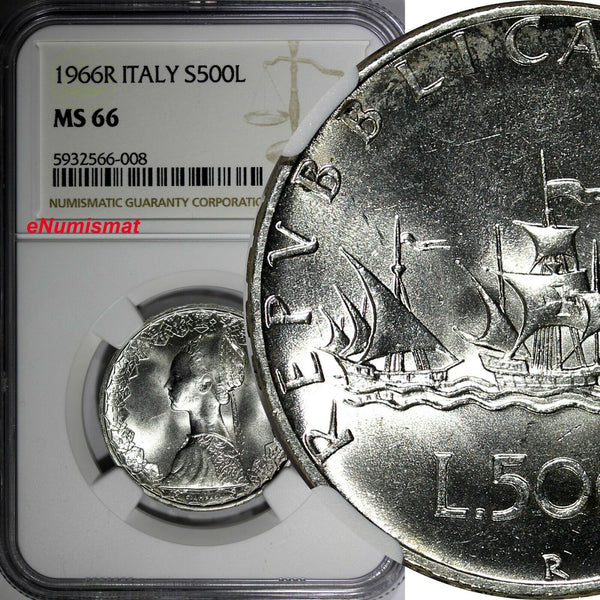 Italy Silver 1966 R 500 Lire NGC MS66 GEM BU 1 GRADED HIGHEST KM# 98 (008)