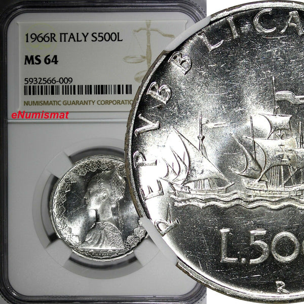 Italy Silver 1966 R 500 Lire NGC MS64 Christopher Columbus's ships KM# 98 (009)