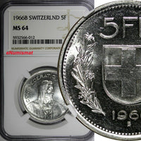 Switzerland Silver 1966 B 5 Francs NGC MS64 GEM BU KM# 40 (012)