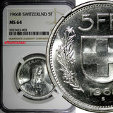 Switzerland Silver 1966 B 5 Francs NGC MS64 GEM BU KM# 40 (003)