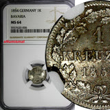 German States BAVARIA Ludwig I Silver 1854 1 Kreuzer NGC MS64 Toning KM#799 (06)
