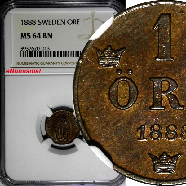 Sweden Oscar II Bronze 1888 1 Ore NGC MS64 BN TOP GRADED BY NGC KM# 750 (013)
