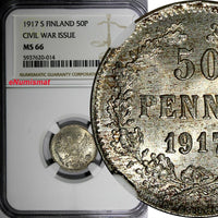 Finland Nicholas II Silver 1917 S 50 Penniä Civil War Issue NGC MS66 KM# 20 (14)