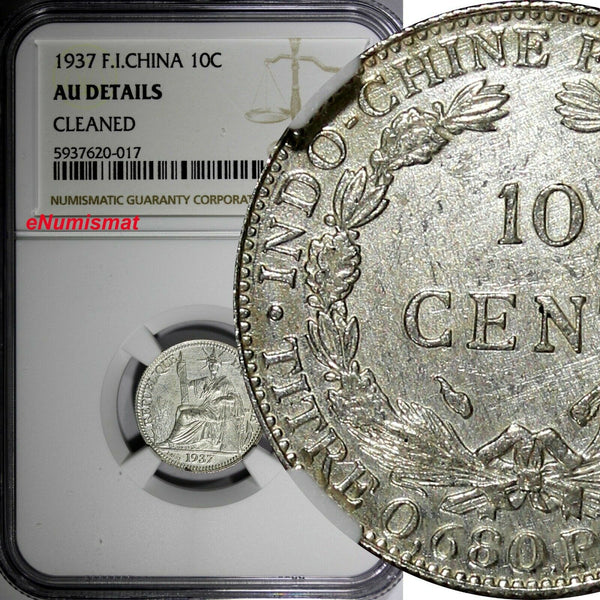 French Indo-China Silver 1937 10 Cents 1 Year Type NGC AU DETAILS KM# 16.2 (17)