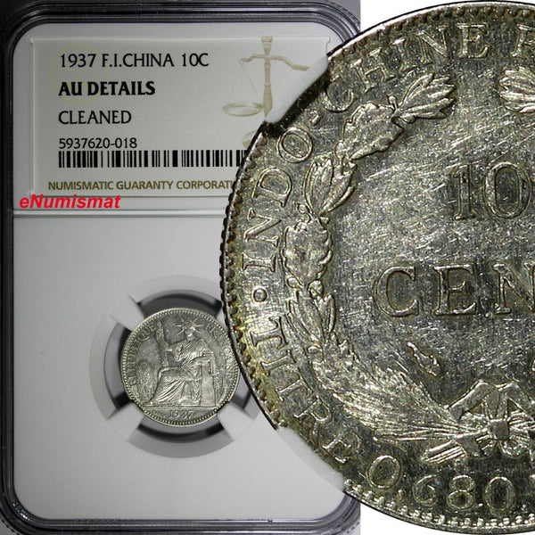 French Indo-China Silver 1937 10 Cents 1 Year Type NGC AU DETAILS KM# 16.2 (18)