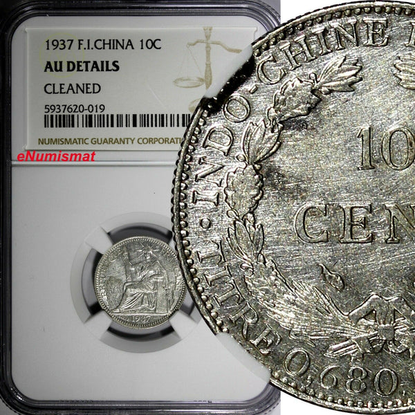 French Indo-China Silver 1937 10 Cents 1 Year Type NGC AU DETAILS KM# 16.2 (19)