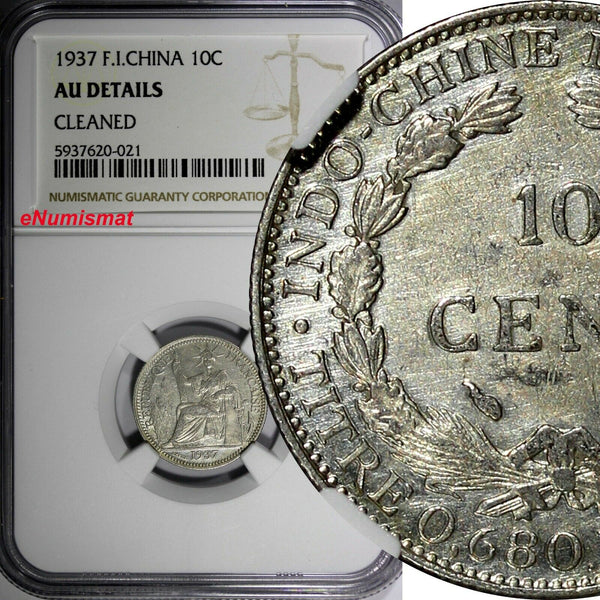 French Indo-China Silver 1937 10 Cents 1 Year Type NGC AU DETAILS KM# 16.2 (21)
