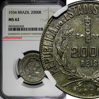 Brazil Silver 1934 2000 Reis NGC MS62 Last Year Type KM# 526 (022)
