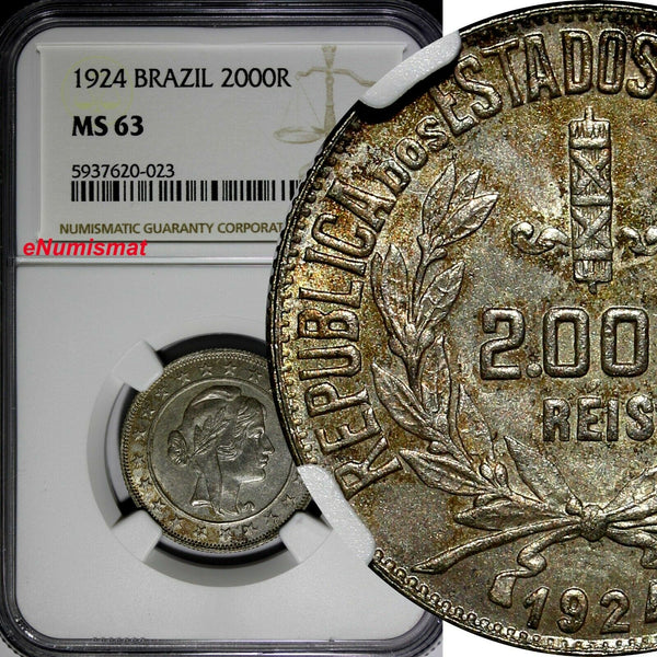 Brazil Silver 1924 2000 Reis NGC MS63 1st Date Type KM# 526 (023)