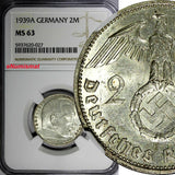 GERMANY-Third Reich Silver 1939 A 2 Reichs Mark NGC MS63 Hindenburg KM# 93 (027)
