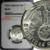 GERMANY-Third Reich Silver 1939 A 2 Reichs Mark NGC MS63 Hindenburg KM# 93 (031)
