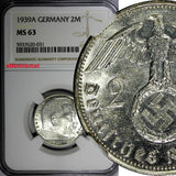GERMANY-Third Reich Silver 1939 A 2 Reichs Mark NGC MS63 Hindenburg KM# 93 (031)