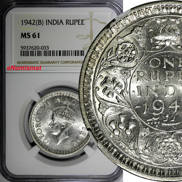 India-British George VI Silver 1942 (B) Rupee NGC MS61 Mint Luster KM# 556 (033)