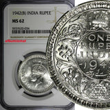India-British George VI Silver 1942 (B) Rupee NGC MS62 Mint Luster KM# 556 (034)