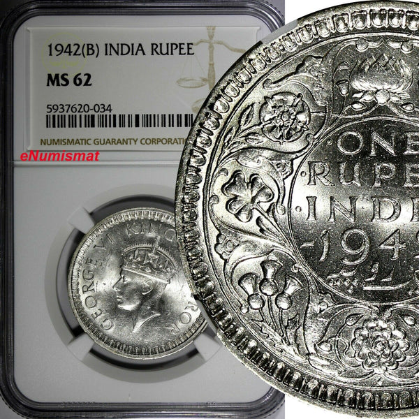 India-British George VI Silver 1942 (B) Rupee NGC MS62 Mint Luster KM# 556 (034)