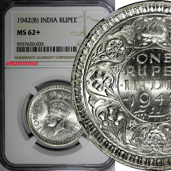 India-British George VI Silver 1942 (B) Rupee NGC MS62+ Mint Luster KM# 556 (35)