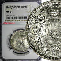 India-British George VI Silver 1942 (B) Rupee NGC MS61 Mint Luster KM# 556 (036)