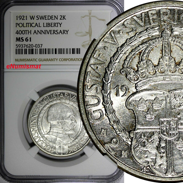 SWEDEN Gustaf V Silver 1921 W 2 Kronor NGC MS61 400th Political Liberty KM799(7)