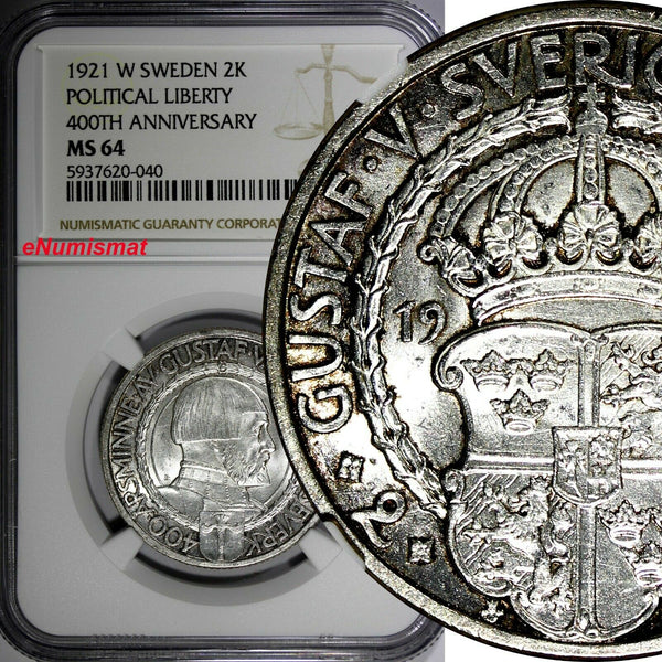 SWEDEN Gustaf V Silver 1921 W 2 Kronor NGC MS64 400th Political Liberty KM799(0)