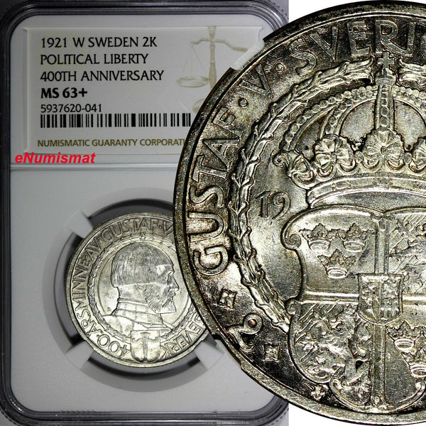 SWEDEN Gustaf V Silver 1921 W 2 Kronor NGC MS63+ 400th Political Liberty KM799.