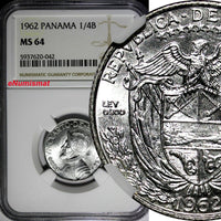 Panama Vasco Núñez de Balboa Silver 1962 1/4 Balboa NGC MS64 KM#11.2(042)