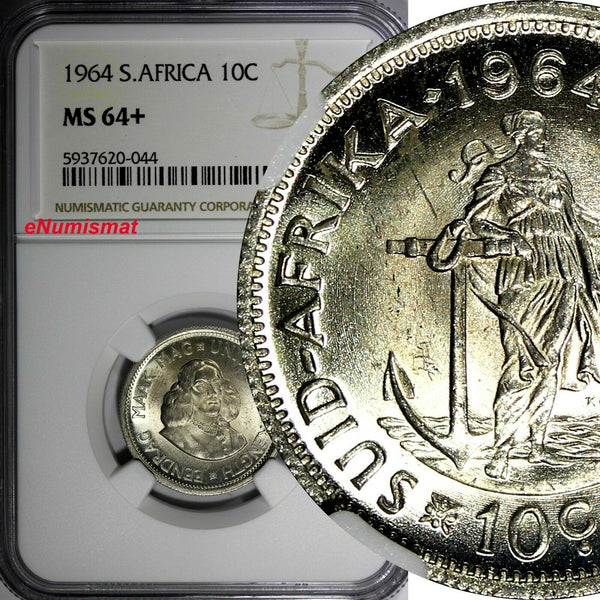 South Africa Silver 1964 10 Cents Jan van Riebeeck NGC MS64+ GEM BU KM# 60 (044)