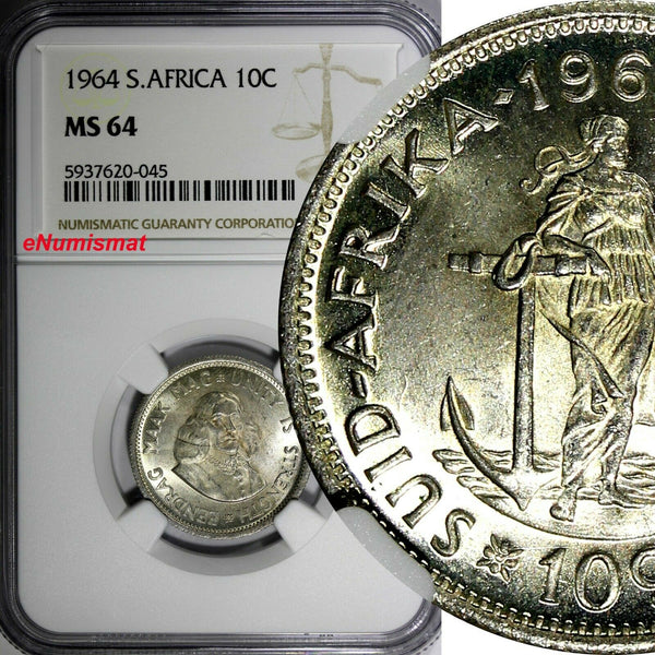 South Africa Silver 1964 10 Cents Jan van Riebeeck NGC MS64 GEM BU KM# 60 (045)