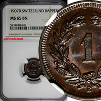 Switzerland 1907 B 1 Rappen NGC MS65 BN TOP GRADED BY NGC KM# 3.2 (049)