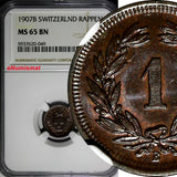 Switzerland 1907 B 1 Rappen NGC MS65 BN TOP GRADED BY NGC KM# 3.2 (049)