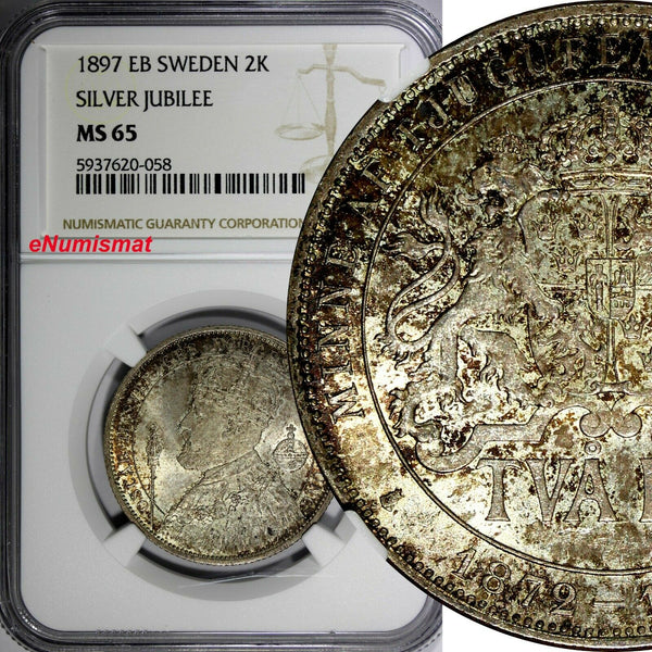 SWEDEN Silver Jubilee Oscar II 1897 EB 2 Kronor NGC MS65 KM# 762 (058)