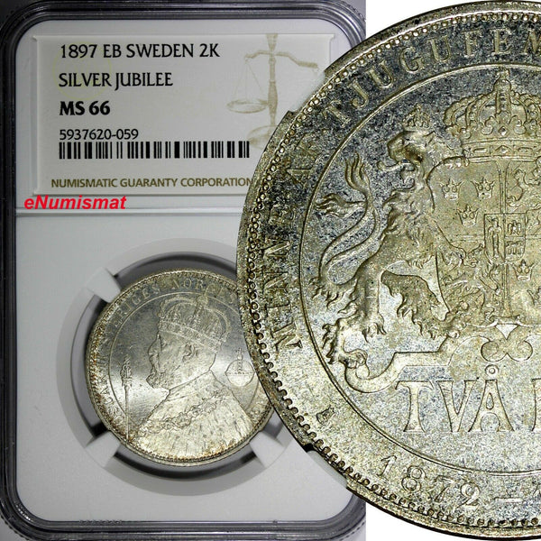 SWEDEN Silver Jubilee Oscar II 1897 EB 2 Kronor NGC MS66 GEM BU  KM# 762 (059)